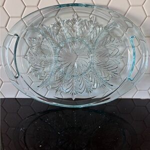 Vintage Jeanette Glass Etched Oval Glass Serving Platter - Aqua Clear